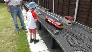 Simons Trains visits Peter Spoerers White Horse Railway  gauge 1 live steam in the garden [upl. by Sateia]