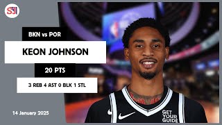 KEON JOHNSON 20 PTS vs POR 14 Jan 2425 BKN Highlights [upl. by Enaid207]