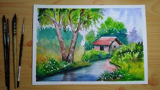 Simple watercolor landscape painting for beginners [upl. by Pegeen]