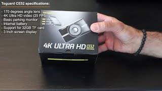 Toguard 4K Ultra HD budget dash cam CE52 unboxing configuring installing testing [upl. by Yelyak]