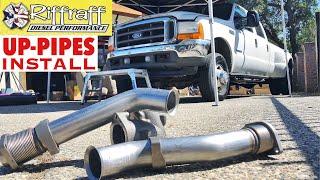 2001 F350 73  RiffRaff UpPipes Install  Stock up pipes leaking and falling apart JUNK SP [upl. by Nnyla439]