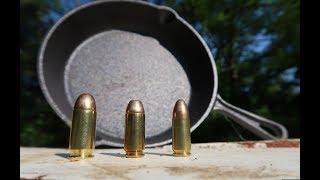 9mm vs 40 Cal vs 45 ACP  Cast Iron Skillets [upl. by Fahy]