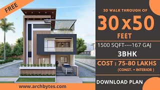 30x50 House Design 3D  1500 Sqft  167 Gaj  3 BHK  Modern Design  Terrace Garden  9x15 Meters [upl. by Aillimat762]