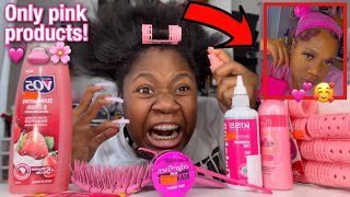 Doing my Damage hair Only Using PINK hair Products [upl. by Imalda476]